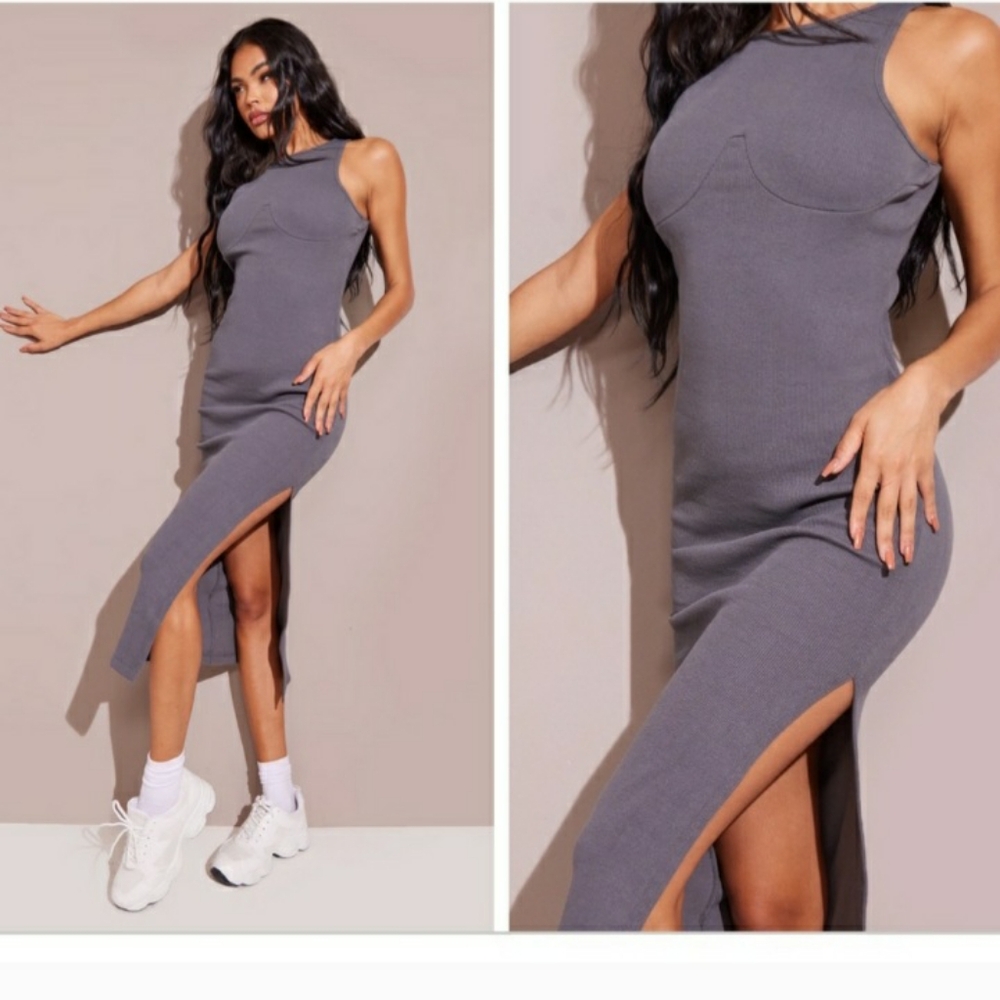 PRETTYLITTLETHING Cup Detail Grey Midi Dress in size 2